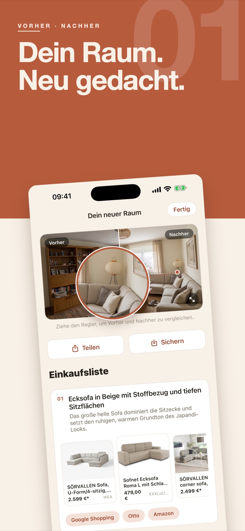 Interieur result screen: before/after view of the redesigned room, with the shopping list starting below