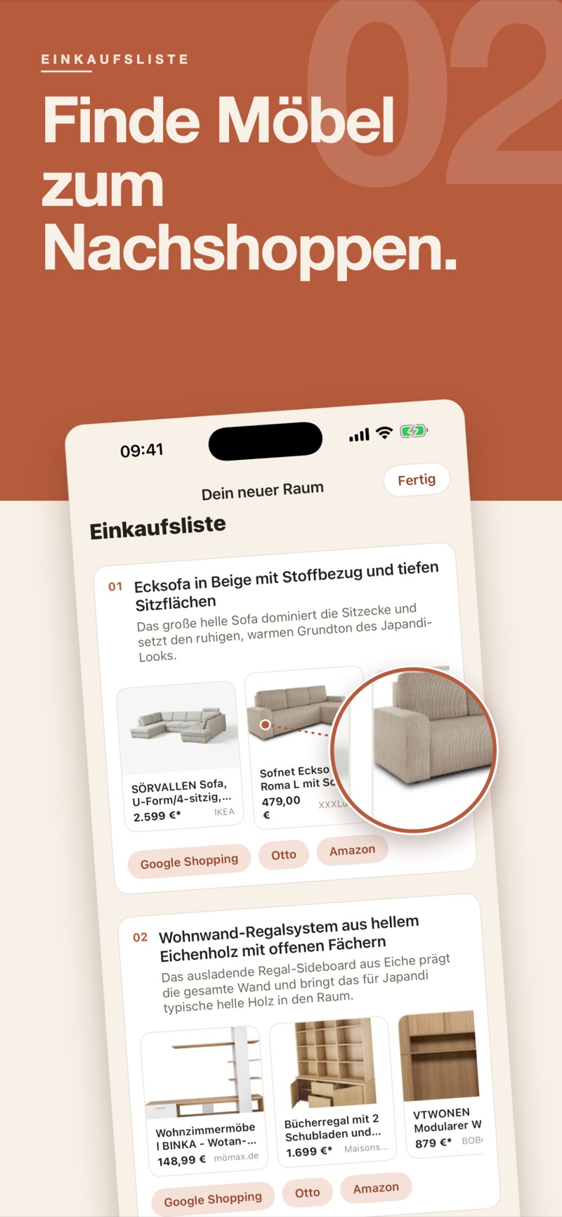 Interieur shopping list with product cards, prices and links to Google Shopping, Otto and Amazon